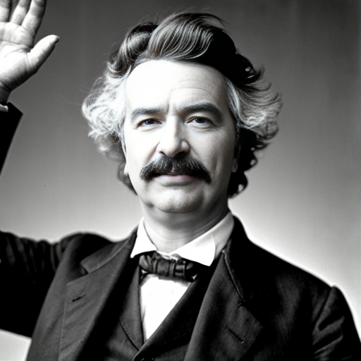 mark twain as a muppet smiling waving his arms above his head