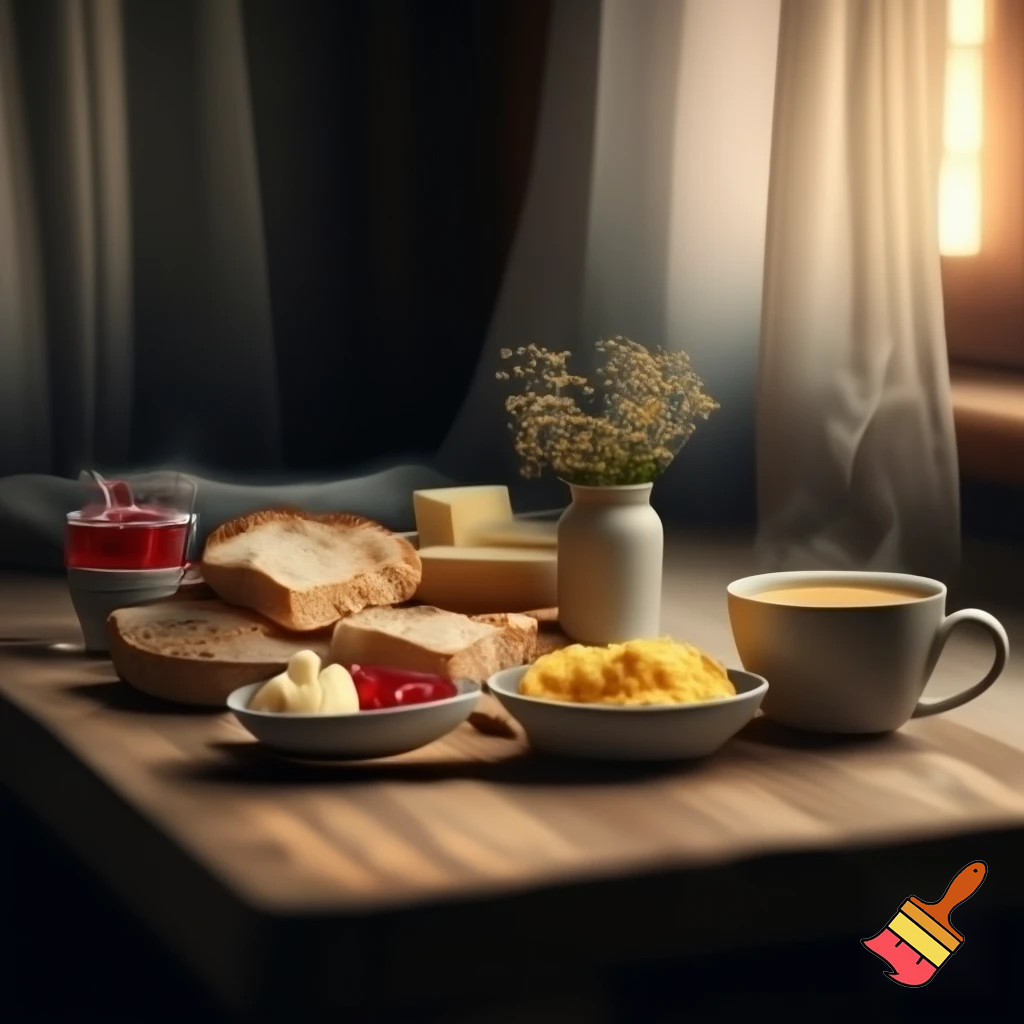 "A cozy and warm breakfast scene inside a home, with a wooden table set with fresh bread, jam, cheese, butter, scrambled eggs, and a cup of tea or coffee. The surroundings feature simple and comfortable home items, such as light curtains in the window, fresh flowers on the table, and soft, natural light streaming through the window. The atmosphere is extremely homely and inviting, with warm and soft colors."