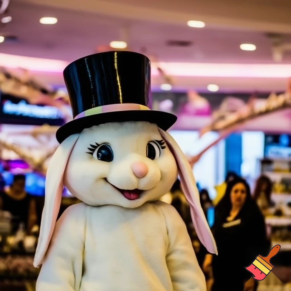 Easter bunny mascot top hat at the shopping centre mascot costume Darrell Lea magic room