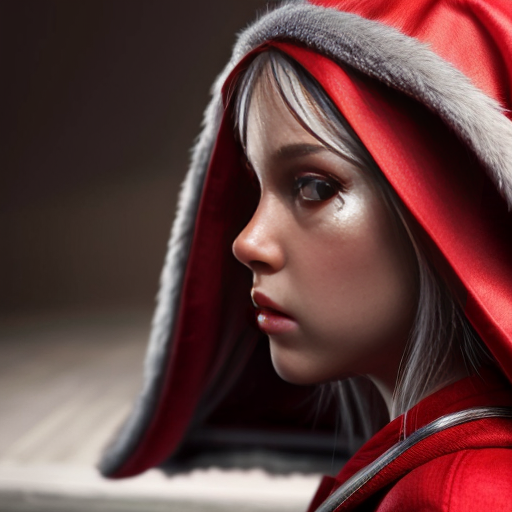 cute red riding hood, cinema, realistic, ultrarealistic, sideview, silver hair, strong makeup