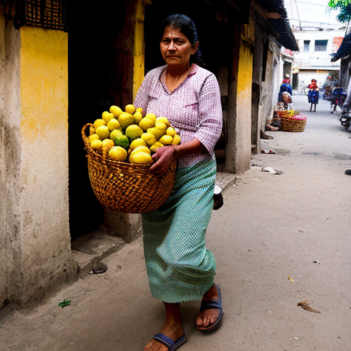 A kind fruit seller woman carrying a woven basket full of colorful fruits, walking through Gokul lanes, tired but hopeful
