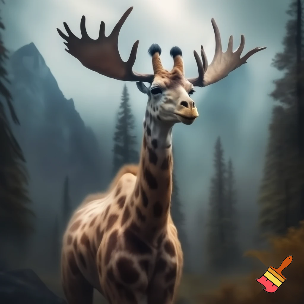 A hybird real life llama + girffe + hawk + moose forset back mountain on