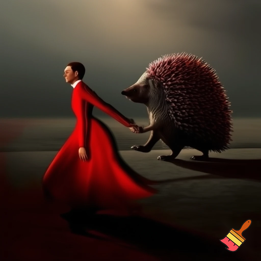 Hitler wearing a red dress taking a giant hedgehog to dinner