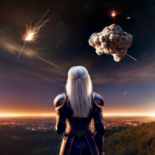 young white-haired woman in armor watches as meteorites fall on her castle
