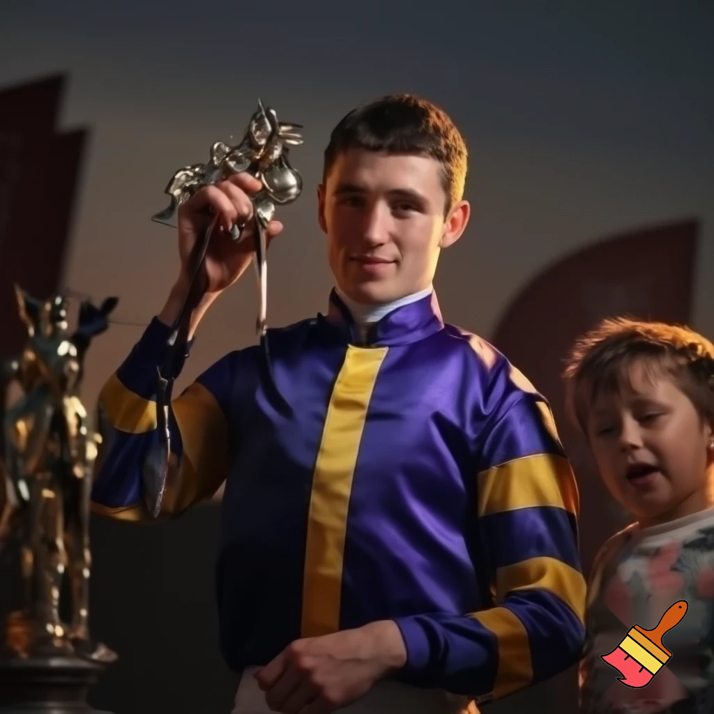 crer un image :Fillino et un frele jeune homme friser. Il est adult est petit. Sur sa main brillent trois chevaliere de c'est victoire passer. Il est favoris pour gagner la course du lendemain. Celebre jockey du phoenix. très acclamer. Il se gonfle de fierter devant la reaction des fan. Il a jamasi quitter la ligne de depart. fillino pleure. style realiste
