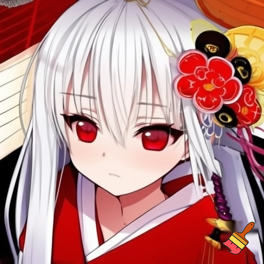 anime girl with white hair and red eyes and cultural japonese 