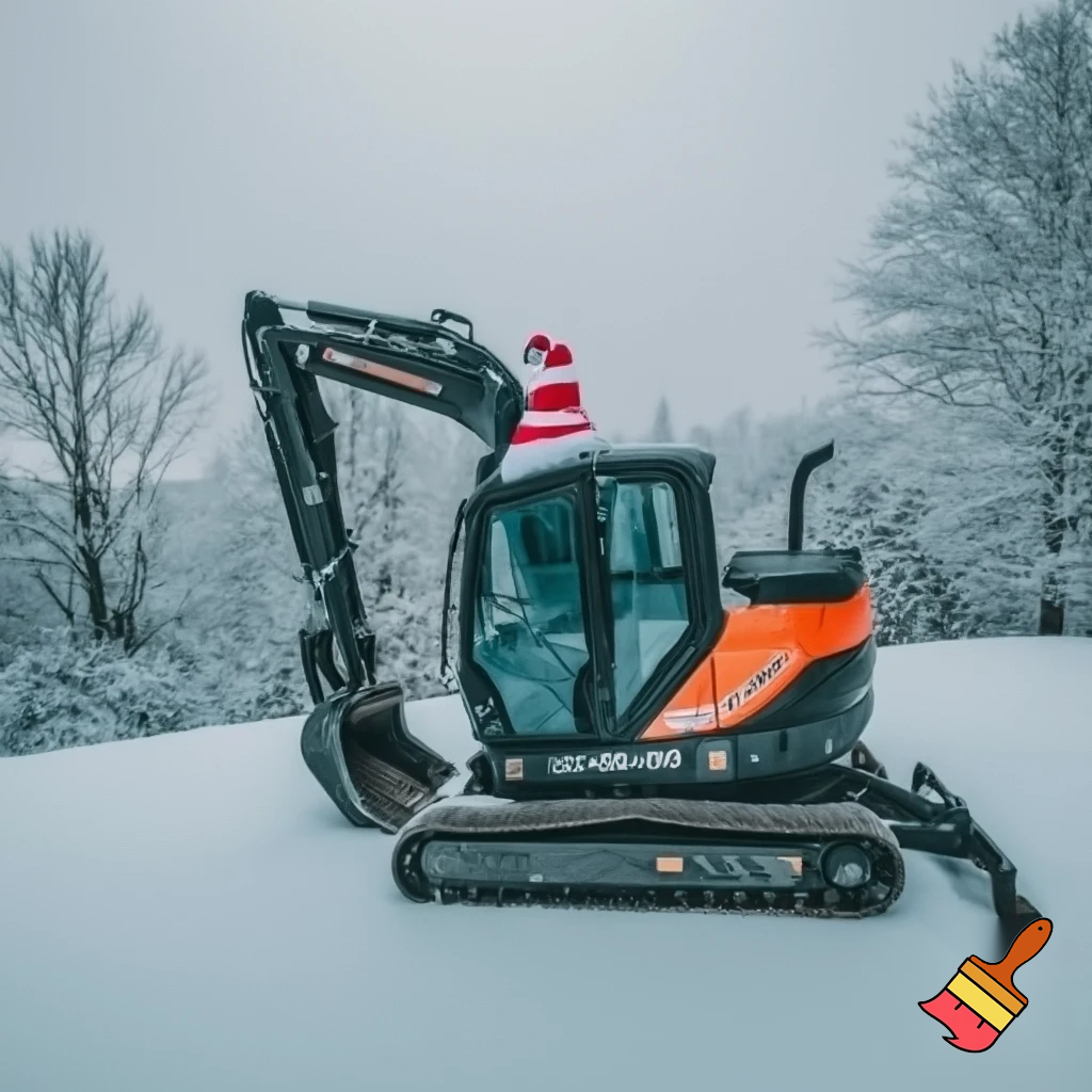 einmal maxpro3500 mit einer wheinachtsmütze draussen im schnee und winterlichen hintergrund
