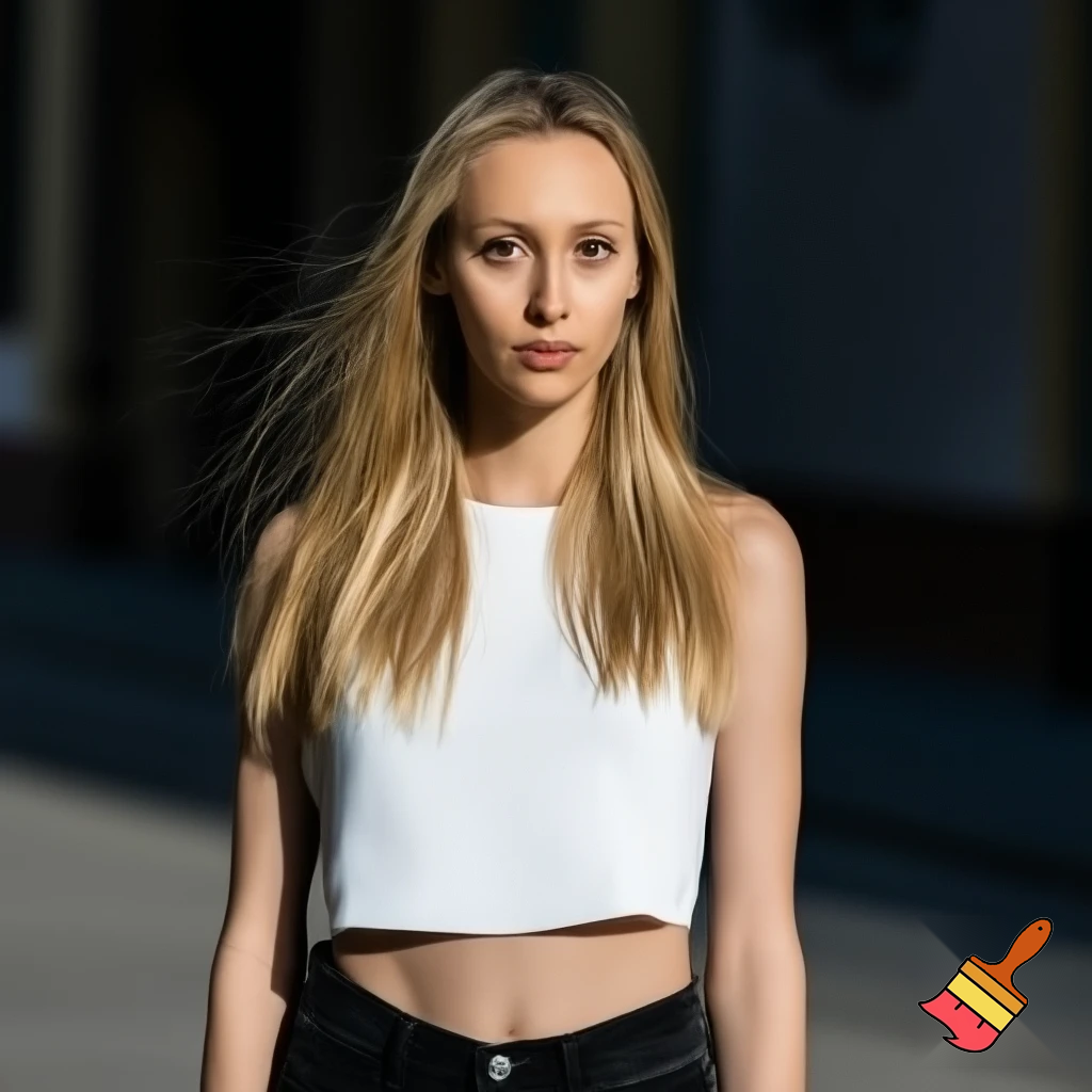 Photorealistic portrait of a blonde woman, approximately 22 years old, with long legs and a slim, athletic figure. She has long, naturally flowing blonde hair, light-colored eyes, oval face, almond-shaped brown eyes, average eye spacing, slim straight nose, naturally full lips, soft facial features, harmonious proportion , big boobs and delicate, harmonious facial features. Her overall presence is confident, natural, and modern.  Natural daylight. white croptop, black jeans.” 
