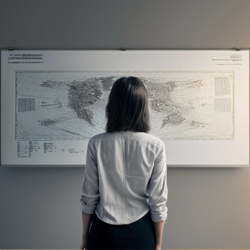 A calm, thoughtful professional woman standing in front of a large abstract map or schematic diagram with blurred and undefined paths, symbolizing uncertainty. She is not stressed, but reflective. Soft lighting, modern office environment, minimalist style, neutral tones. The mood conveys strategic thinking, responsibility, and long-term vision. Professional, realistic illustration or cinematic photography style.