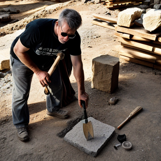 A dramatic, cinematic scene of a middle-aged man with short gray hair and sunglasses perched on his head, intensely carving the words "AMBRIMERDA" into a massive, rough-hewn stone block using a chisel and hammer. He's dressed in worn gray t-shirt and pants, covered in dust and sweat, standing on a rocky quarry floor with scaffolding nearby. Warm golden-hour lighting filters through dust particles in the air, casting long shadows and highlighting the texture of the stone and tools. 