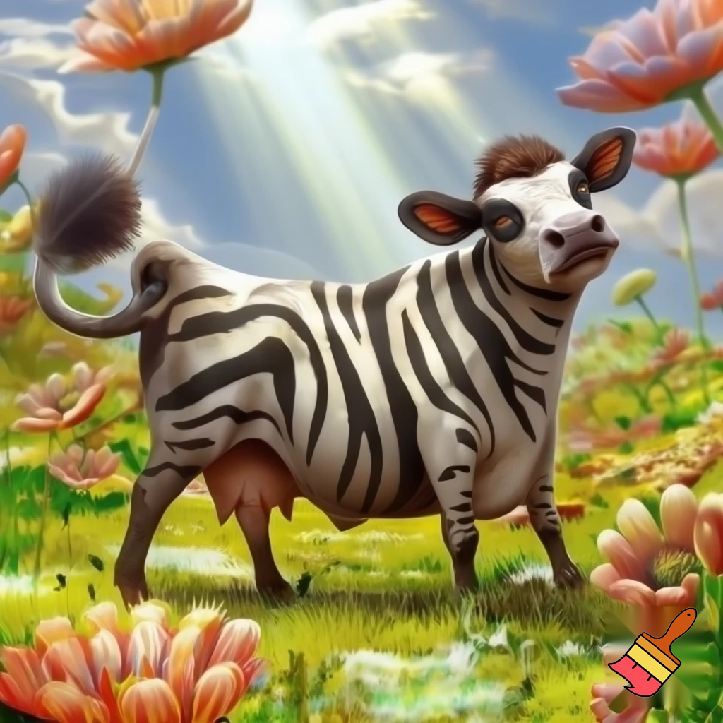 cow with zebra stripes and dog tail

