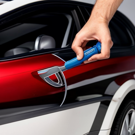 Erstelle ein Logo mit einem weißem Hintergrund. Es soll ein rotes Auto zusehen sein. Rechts daneben steht ein Mechaniker in blau gekleidet und einem Schraubenschlüssel in der Hand.