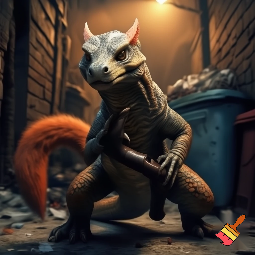 Half komodo Dragon half fox swinging a lead pipe
