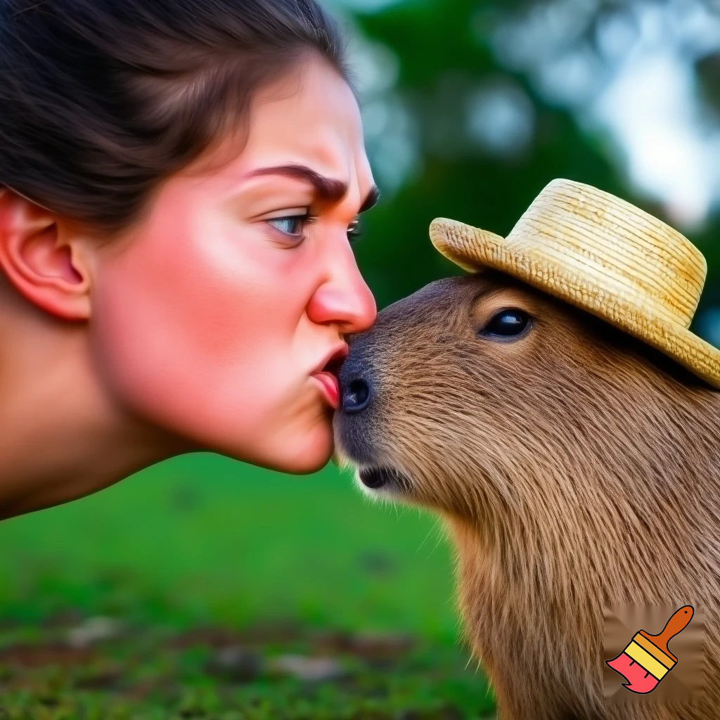 a woman is mad at the capybara in a hat


