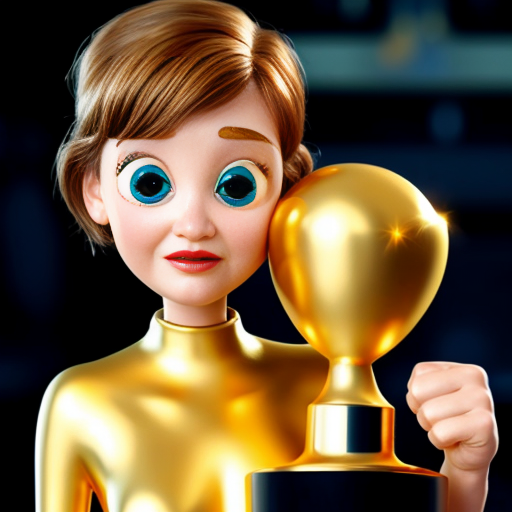 the emotion proud one person gold holding trophy Pixar cartoon style gold skin big eyes happy pretty 
