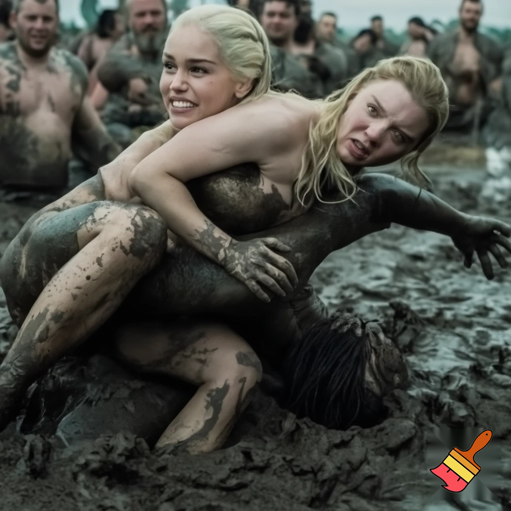 Daenerys Targaryen and Natalie Dormer wrestling in the mud , Natalie Dormer is under Daenerys and losing. Both are naked and all sweaty 
