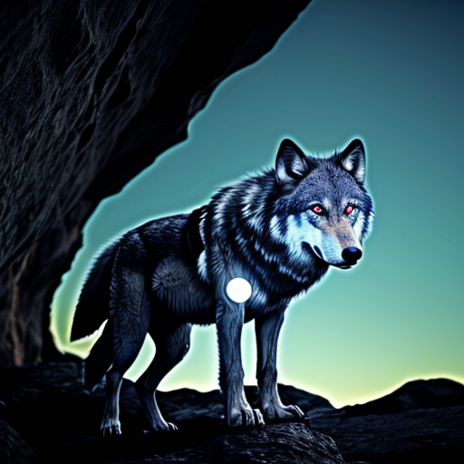 A wolf with glowing blue fur, glowing red eyes and gleaming fangs. The wolf is on the end of a rocky cliff with people coming towards him