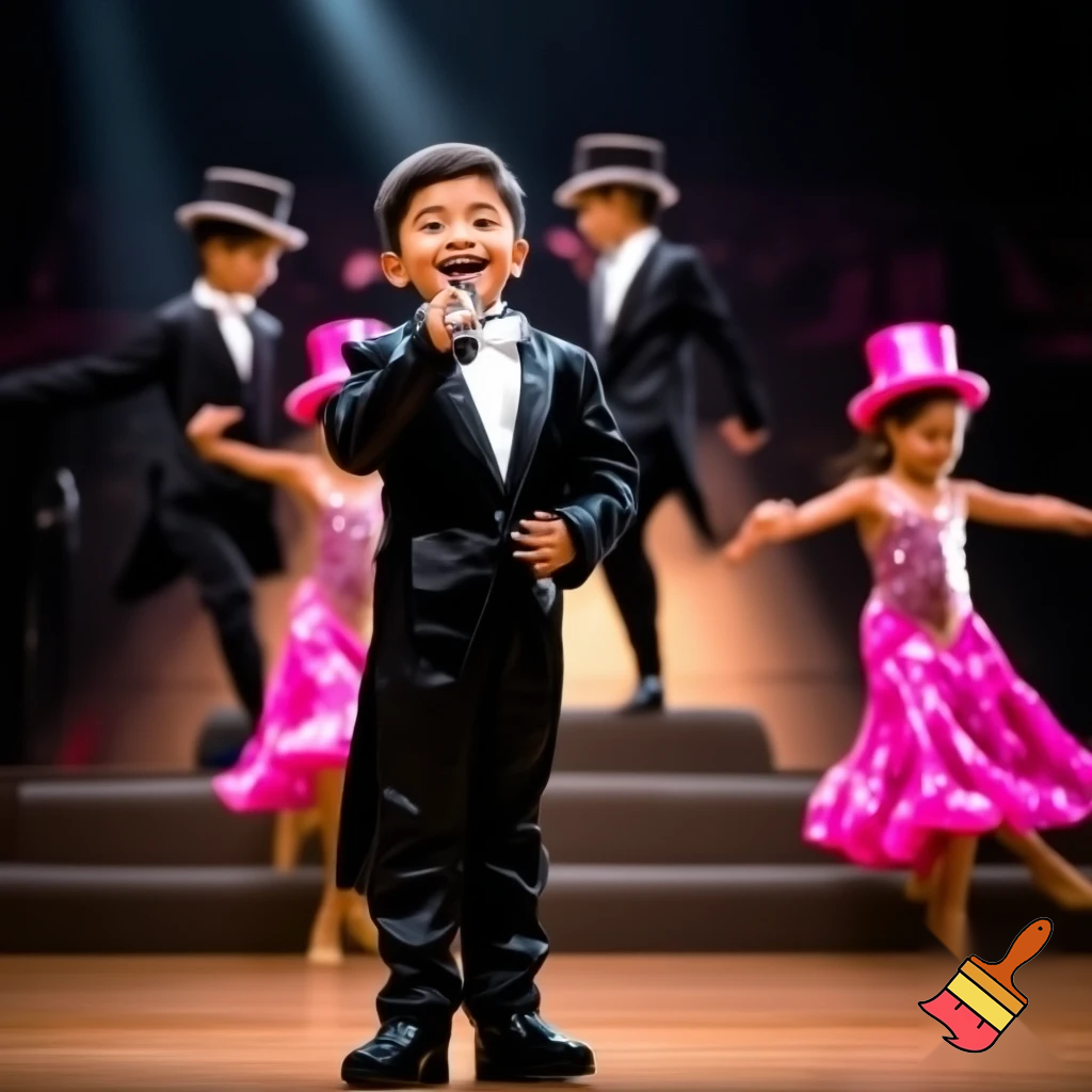 Preteen Boy in Shiny Top Hat White Bowtie Black Tailcoat Black Shiny Shoes Singing in Microphone on big Stage Smiling to the audience. Behind him on stage, two dancing boys in Top Hats and Tailcoats and two dancing Girls in Shiny Pink Hats and Sequined Pink Ballroom Dresses