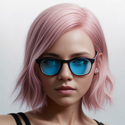 pink haired girl with blue glasses

