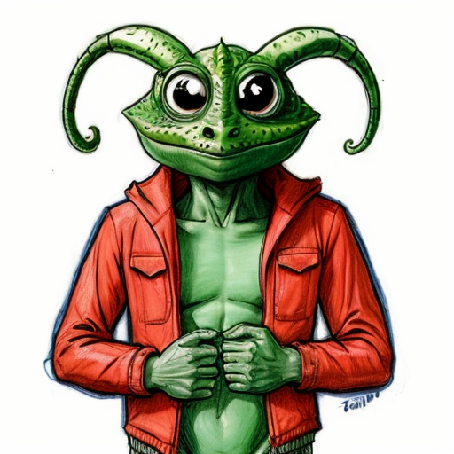 dumaloq tanali va bitta ko'zli kulguli  qizil shimli ko'k jaketli yashil maxluqni  chizib bering