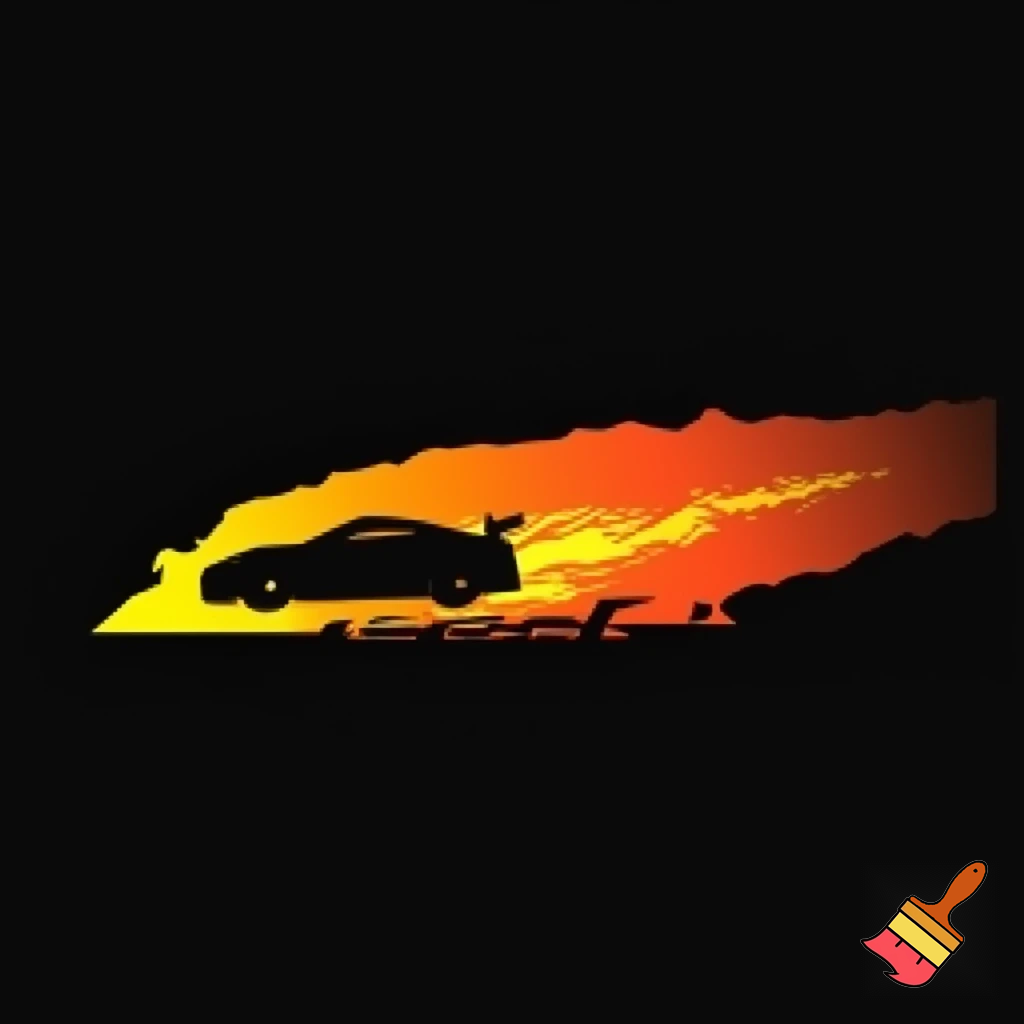 A sleek silhouette of a speeding car drifting across the shirt, leaving a sunset-orange (#F38744) smoke trail that fades into yellow highlights (#F2D602). The background elements and typography are sharp black, giving the whole design a bold contrast. The design feels fast, warm, and high-energy—perfect for a night-meet vibe.