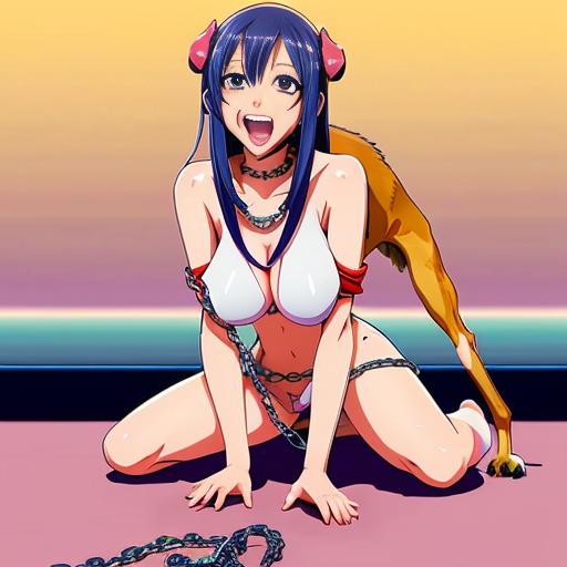 Sexy animai girl who is chained to the ground being licked by a tall dog that has saliva dripping down its teeth and it's tongue is going deep down her mouth 