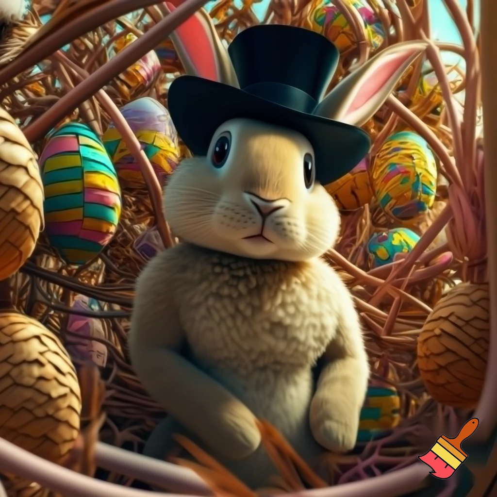 Easter bunny mascot with the top hat costume Easter bunnies maze house